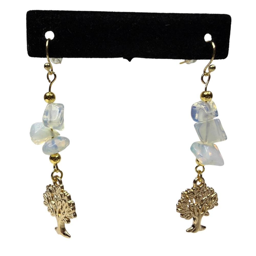 18K Gold Hook Opalite Chip Stone Tree of Life Dangle Earrings Jewelry